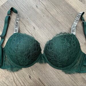 Victoria's Secret Emerald Green Lace Push-Up Bra with Logo Straps